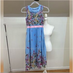 Blue Floral Girls' Dress with Pink Waistband